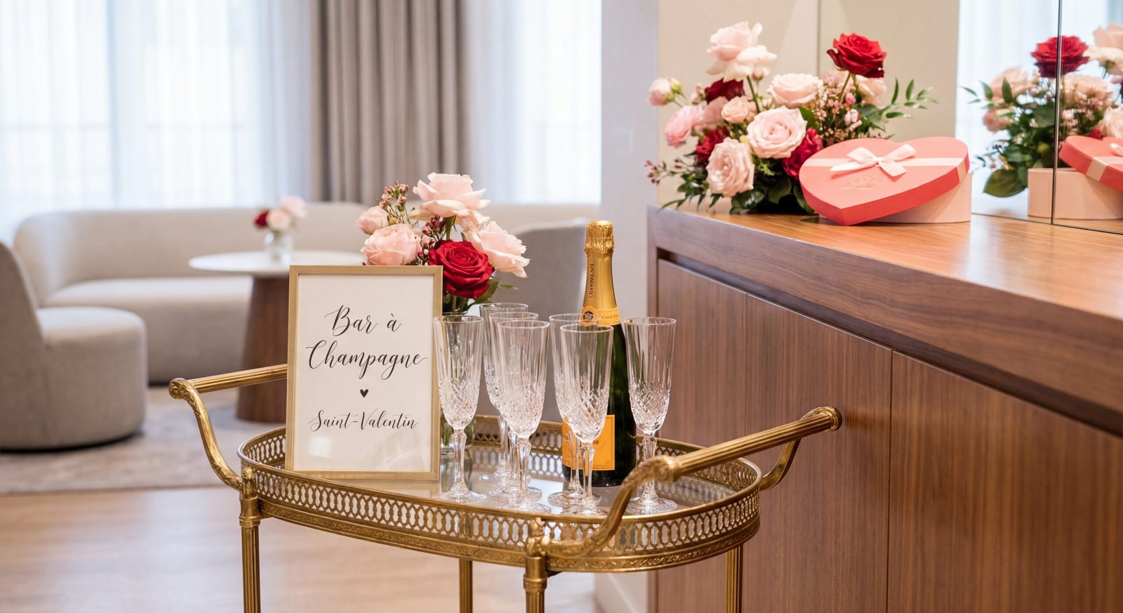 Bar à champagne élégant avec chariot doré flûtes cristal et signalétique calligraphiée pour Saint-Valentin