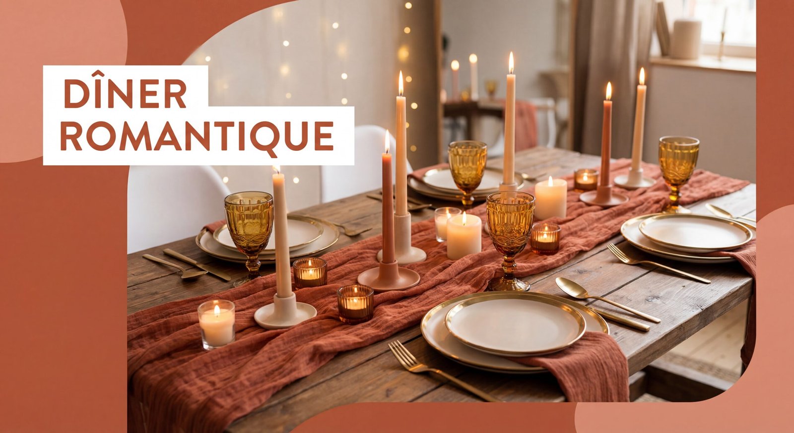 Dîner romantique aux chandelles avec chemin de table en gaze terracotta vaisselle dorée et bougies multiples