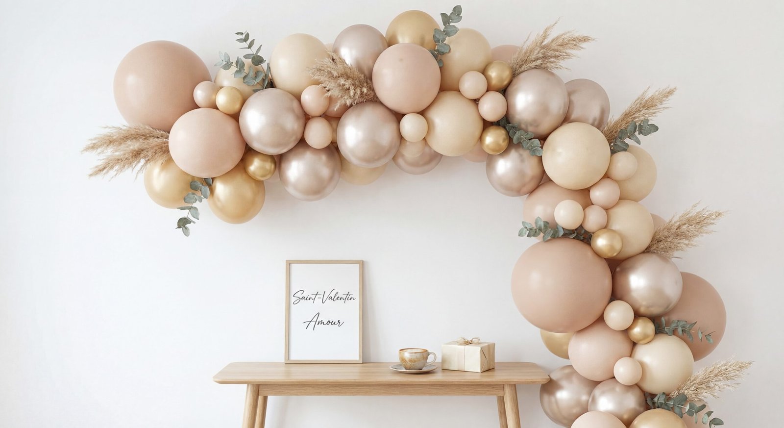 Guirlande de ballons organiques tons nude beige champagne et doré pour décoration Saint-Valentin élégante