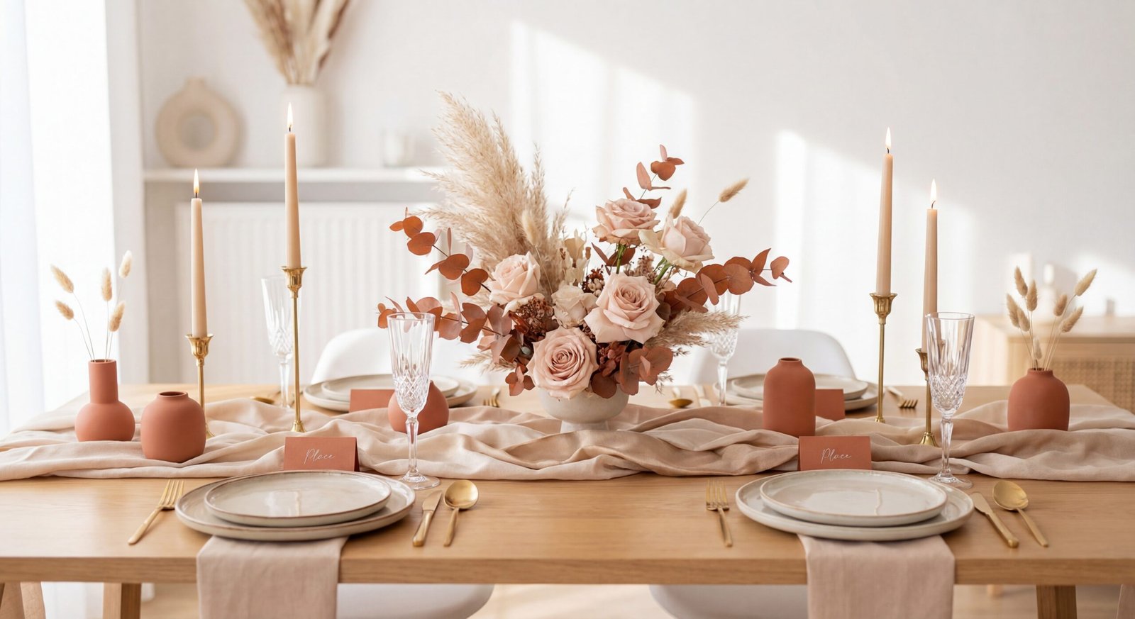 Décoration table Saint-Valentin élégante tons nude champagne et terracotta avec bougies dorées et composition florale
